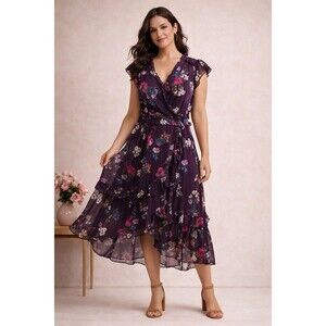 Calvin Klein Purple Floral Ruffled MIDI Dress SZ 12 Sheer Easter Church Wedding
